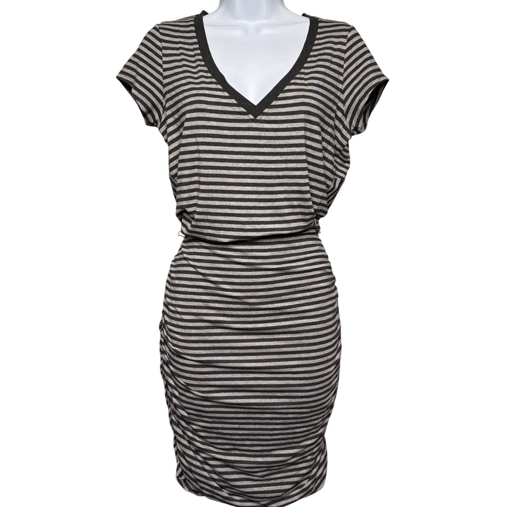 ATHLETA Womens Gray Striped Ruched Blouson Dress S Stretch Casual Sporty-Chic